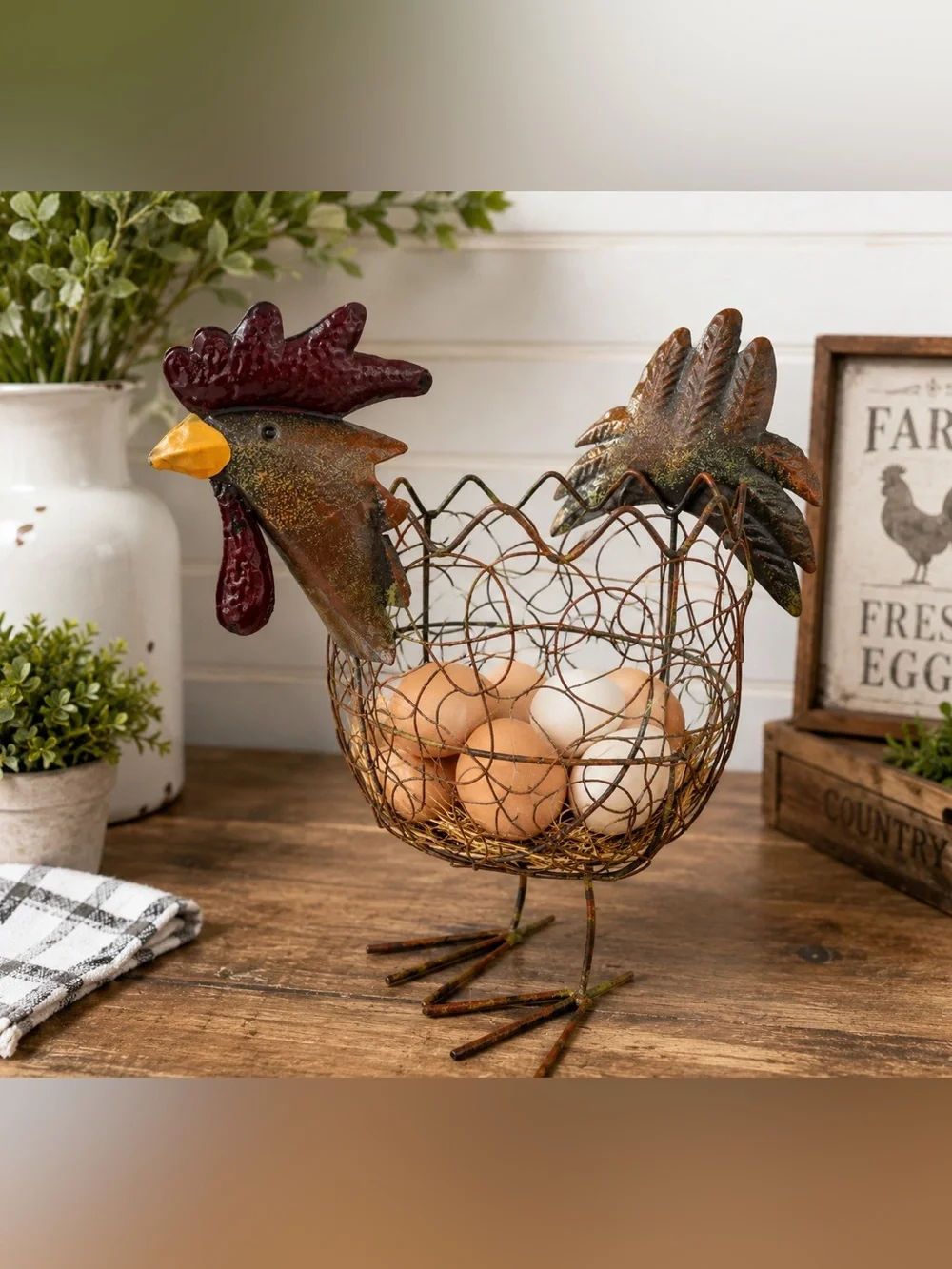 Rustic Metal Rooster Chicken Wire Basket Farmhouse Egg Basket Country Decor